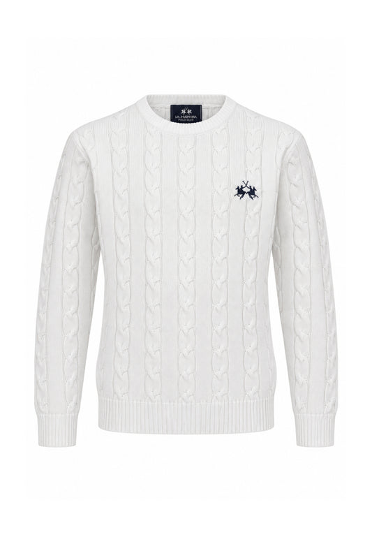 LA MARTINA maglia a treccia bianca logo ricamo a girocollo Bambini e ragazzi mab0101.bianco_