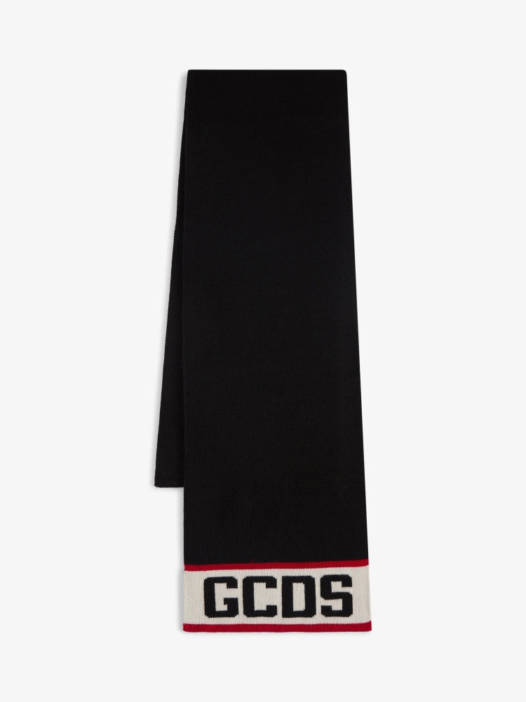 Gcds sciarpa nera uomo unisex in misto lana logo a contrasto dettaglio logo