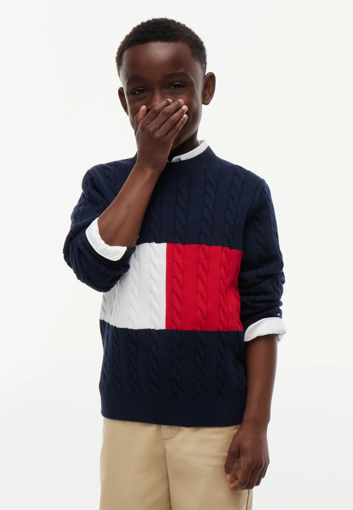 TOMMY HILFIGER MAGLIA treccia blu logo bandiera a girocollo per bambino Bambini e ragazzi KB0KB09753OMS.BLU_