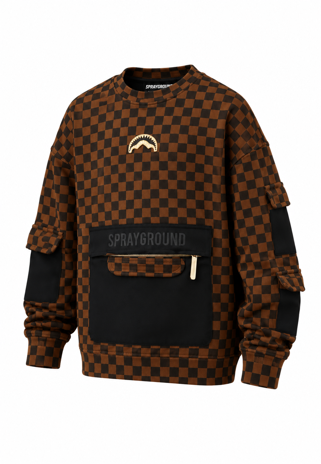 Sprayground Felpa Girocollo Marrone a Scacchi con Tasca Bambino