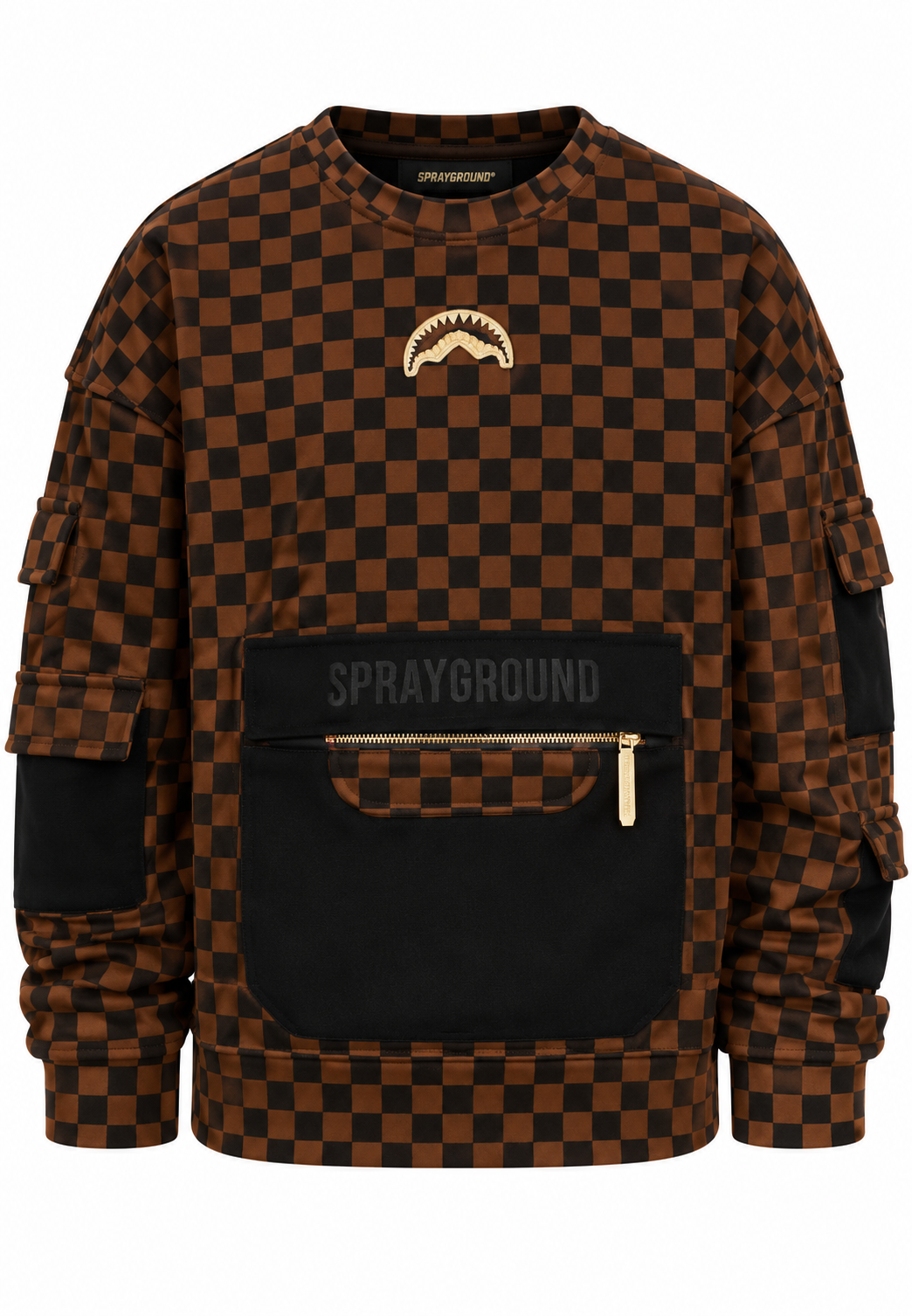 Sprayground Felpa Girocollo Marrone a Scacchi con Tasca Bambino