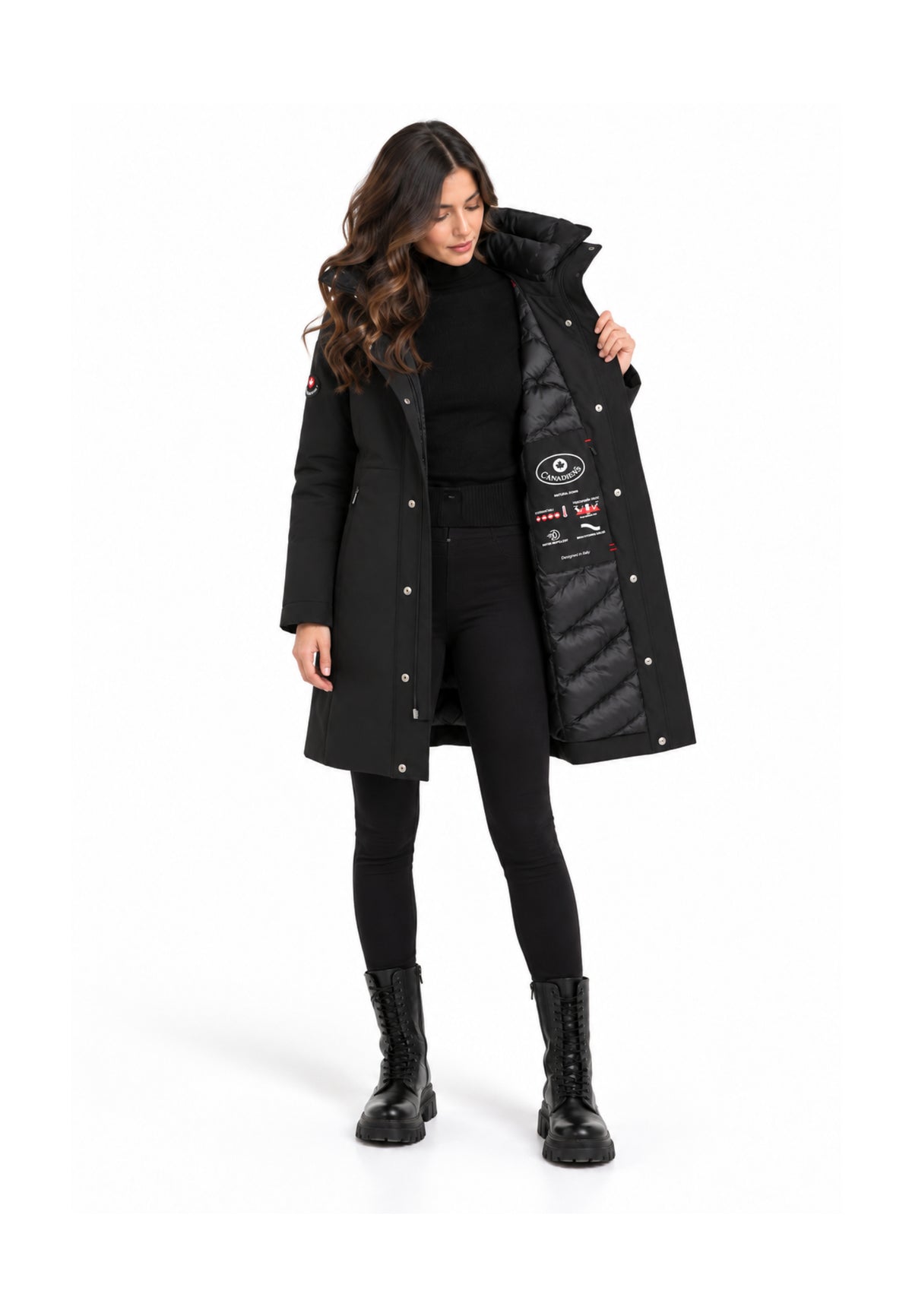 Canadiens Giubbotto nero con cappuccio a metà coscia Donna 0.313 tech/w.ne_