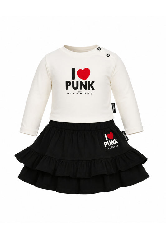 John Richmond Completo t shirt panna a manica lunga e gonna nera a balze Bambine e ragazze ria26134cj.panna_