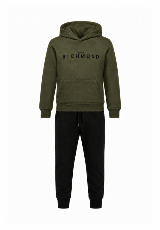 John Richmond Tuta verde militare con cappuccio e logo gommato Bambini e ragazzi rba26007cf.ver_