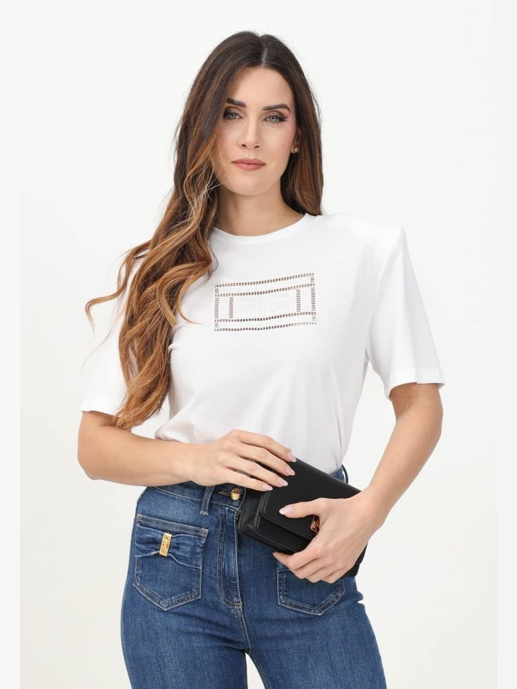 Elisabetta Franchi tshirt bianca donna in cotone maxi logo ricamato sul davanti