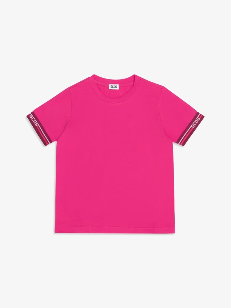 Gcds tshirt fucsia donna in cotone bande logo sul lato dettaglio logo