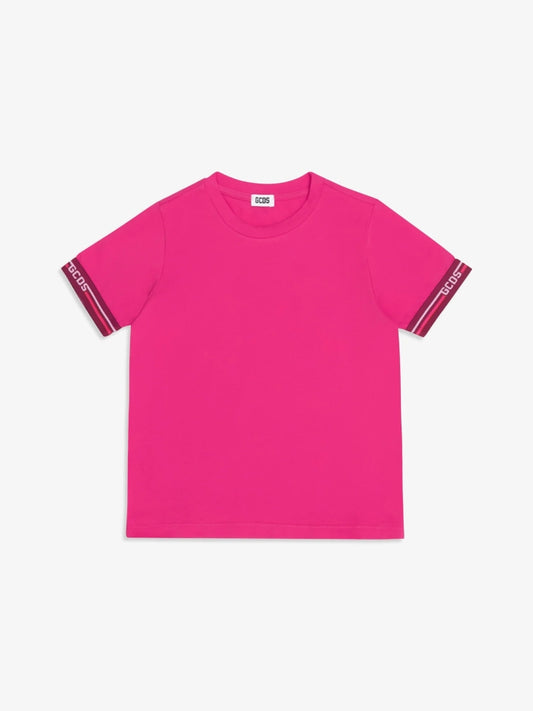 Gcds tshirt fucsia donna in cotone bande logo sul lato