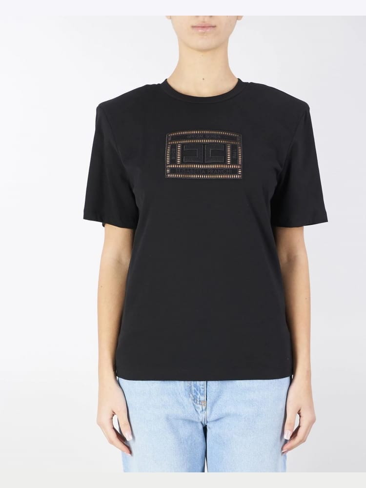 Elisabetta Franchi tshirt nera donna in cotone maxi logo sul davanti dettaglio logo