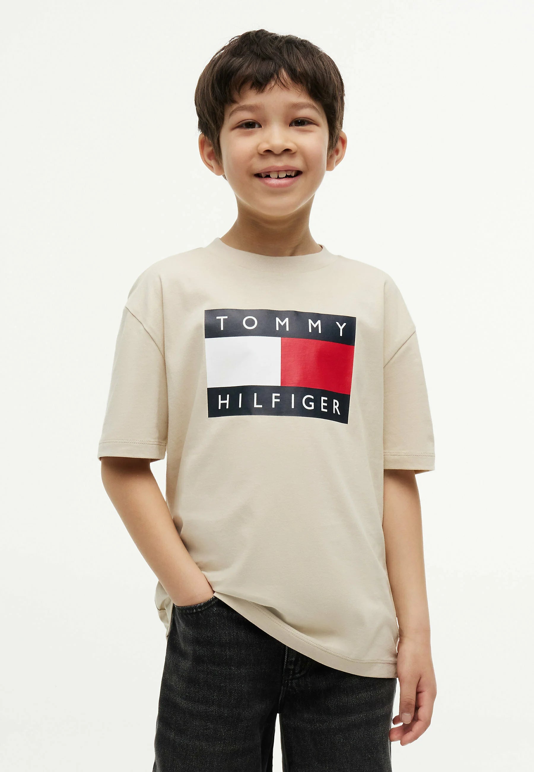 TOMMY HILFIGER TSHIRT BEIGE LOGO BANDIERA MANICHE CORTE Bambini e ragazzi KB0KB10340ACI_
