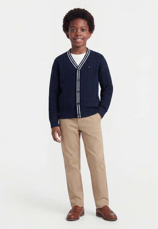 TOMMY HILFIGER CARDIGAN BLU CON SCOLLO A V E DETTAGLI BIANCHI Bambini e ragazzi KB0KB10491C1G_