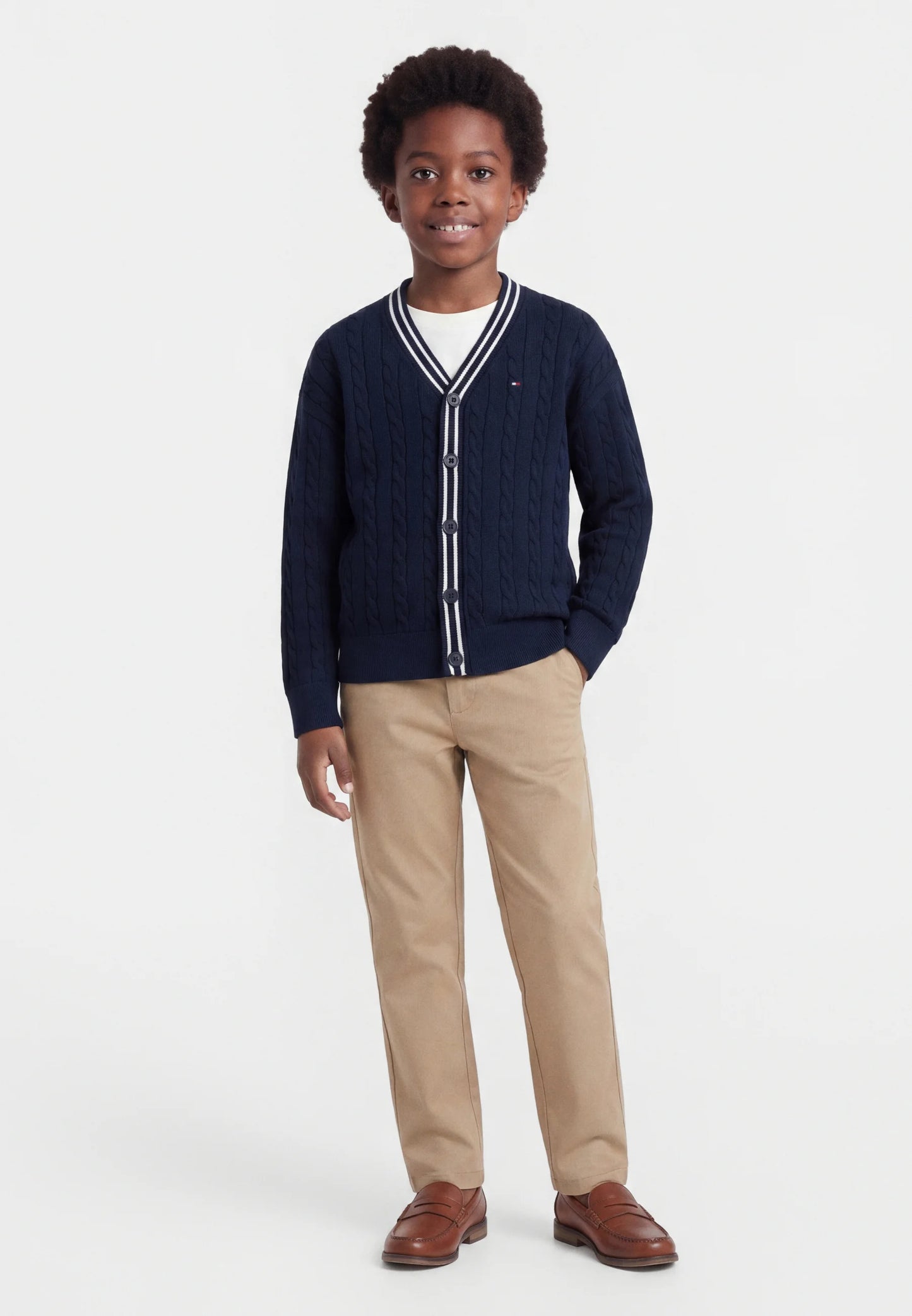TOMMY HILFIGER CARDIGAN BLU CON SCOLLO A V E DETTAGLI BIANCHI Bambini e ragazzi KB0KB10491C1G_